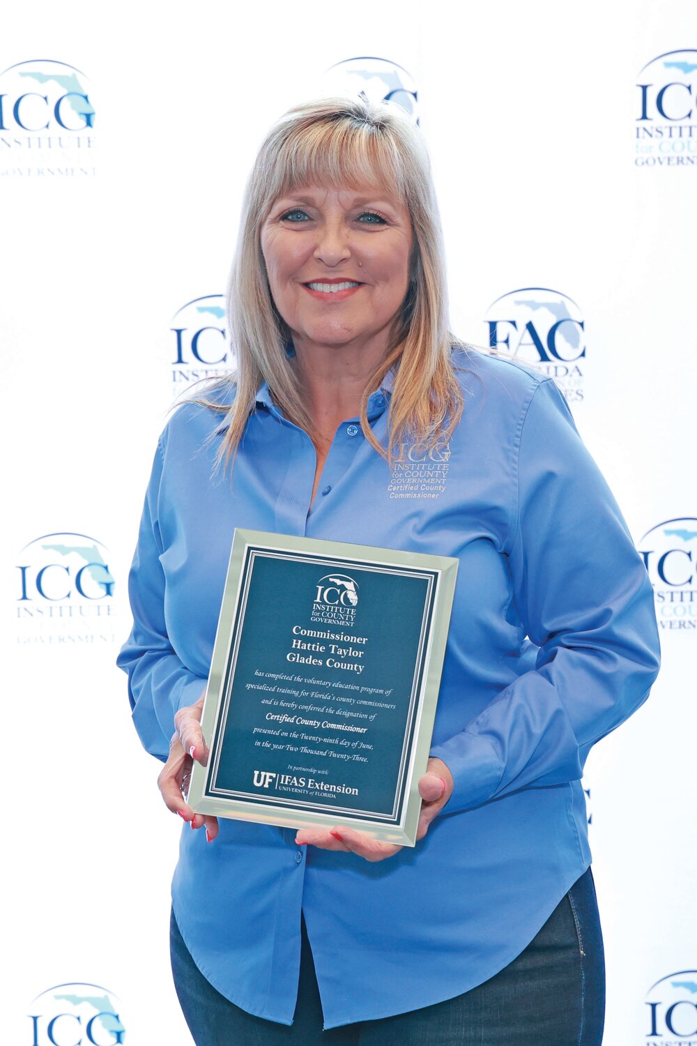 Glades County Commissioner Hattie Taylor was presented with the CCC designation from the ICG at an award ceremony held at the FAC Annual Conference and Educational Exposition in Orange County, Florida.